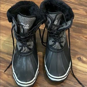 Polar herringbone/black faux fur Winter Booties